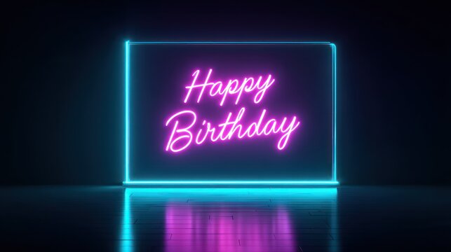 A minimalist birthday scene features a neon "Happy Birthday" sign in vibrant magenta and electric cyan. The words
