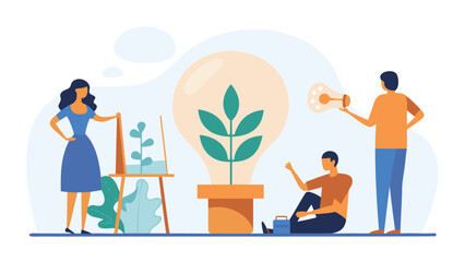 Diverse group of people nurturing a vibrant green sprout symbolizing sustainable innovation growth and environmental responsibility in a collaborative effort