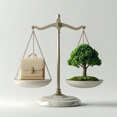 Work-Life Balance: Briefcase and Tree on Scales, Conceptual Illustration