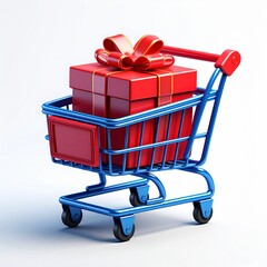 Festive Shopping Cart with Red Gift Box and Bow for Special Occasions