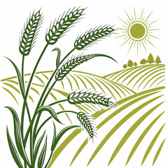Stylized illustration of green wheat stalks in the foreground with rolling fields and a bright sun in the background