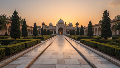 Islamic palace garden with marble walkway and orange sky, first light of day, adobe stock