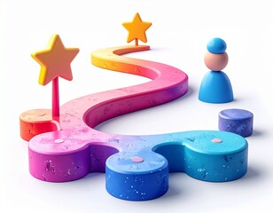 Colorful 3D Path to Success with Stars and abstract figures on a White Background