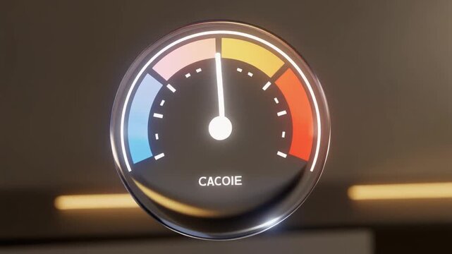 A close-up view of a modern circular gauge with a needle indicating a mid-range value, featuring colored sections from blue to red and the word 'CACOIE' at the bottom.