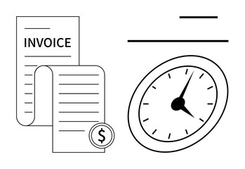Invoice document, dollar sign, analog clock illustrating time management, billing, financial planning. Ideal for finance, business, scheduling, time tracking accounting productivity deadlines