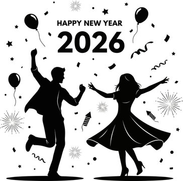 Create a Happy new year title design 2026 elements party man and women dancing vector art silhouette with white background.