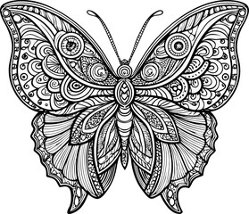 Detailed butterfly pattern coloring page , line art vector , black and white , white background