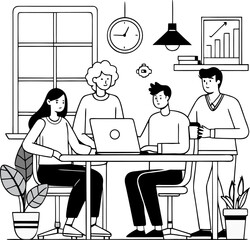 People working in office, business coloring book vector, simple outlines line art vector , black and white , white background