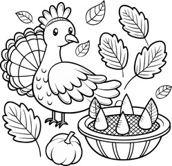 turkey, pie, and autumn leaves, holiday coloring book illustration line art vector , black and white , white background