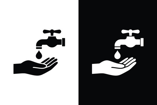 Water conservation and hygiene icon, Hand catching faucet drip