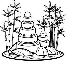 Zen garden stones and bamboo line art , line art vector , black and white , white background
