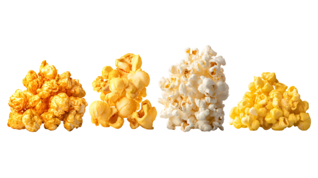 Four piles of freshly popped corn in various flavors and textures against a dark background