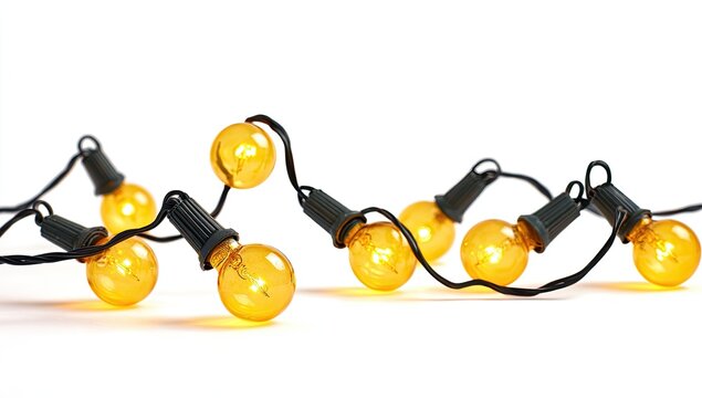 String of warm amber fairy lights against white background