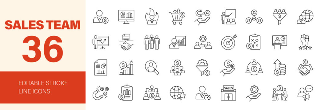 Sales team icon set. Editable line icons. Vector illustration.