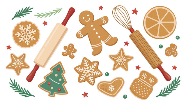Delightful Christmas cookie silhouette collection with baking tools and festive greenery - Powered by Adobe