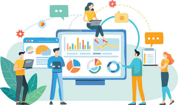 Diverse team of data analysts collaborating and studying interactive infographics presenting charts and graphs with digital data visualization