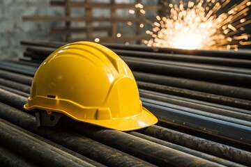 Welding sparks illuminate yellow helmet on steel pipe stack industrial warehouse high contrast photography