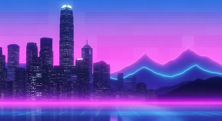 Cityscape with neon lights and retro synthwave style