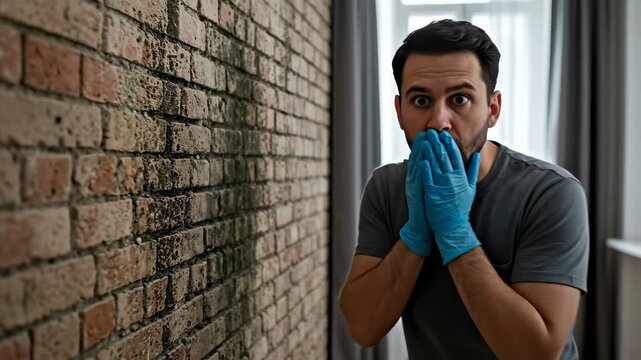 Man Wearing Blue Gloves Gasps In Shock At Moldy Brick Wall Indoors With Natural Lighting