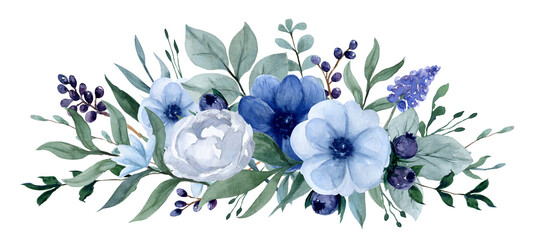 Watercolor blue flowers composition with anemones and berriеs. Horizontal floral arrangement, greenery bouquet. Botanical border for wedding design, cards, invitations, print. © MDArt