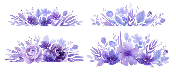 Watercolor purple floral borders with delicate blossoms, lush blooms and botanical elements in an elegant decorative style for wedding design, cards, invitations, banners, print.