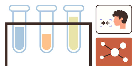 Test tubes filled with colored liquids, facial recognition illustration, molecular diagram. Ideal for science, research, technology, health, AI, innovation education simple flat metaphor
