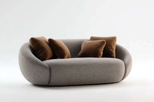 Gray, curved sofa with brown pillows