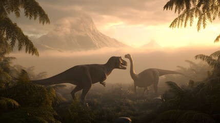 Majestic dinosaurs roam a prehistoric world bathed in warm morning light and mist