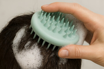 Masaje capilar con cepillo de silicona sobre cabello mojado con espuma