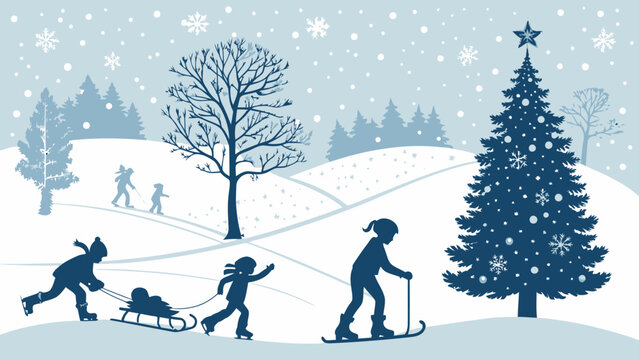 Joyful winter scene silhouette of children sledding skiing and ice skating under falling snow with a festive tree - Powered by Adobe