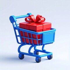 Blue Shopping Cart with Red Gift Box and Bow, Holiday Shopping Concept