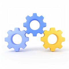 Three Interlocking 3D Gears on White Background, Mechanism Concept