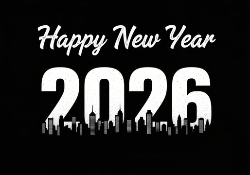 Happy new year 2026 greeting with urban cityscape silhouette design element