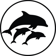 Illustration pod of dolphins swimming inside circle silhouette vector