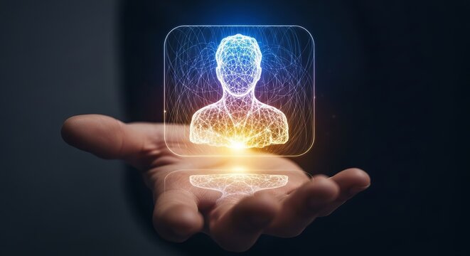 Artificial intelligence ai future technology innovation digital transformation concept hand holding hologram