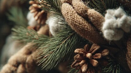 Handcrafted rustic Christmas wreath with natural pinecones, soft cotton, and festive fir branches - Powered by Adobe