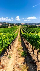 Fototapeta premium Long view of a vineyard with rows of green plants under a blue sky