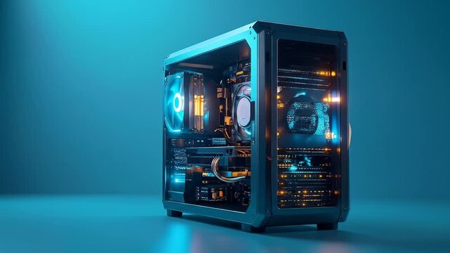 A neon-lit computer tower with internal components glowing in vibrant blues and oranges