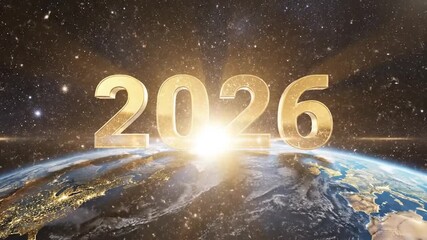 Golden 2026 shining over Earth in a hopeful futuristic video, promising innovation and global connection for a bright new year of possibilities