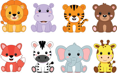 Obraz premium Cute cartoon baby lion, hippo, tiger, bear, fox, zebra, elephant, giraffe, adorable animal characters, children illustration, vector art