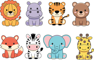Obraz premium Cute cartoon animals collection, lion tiger bear fox zebra elephant giraffe hippopotamus, children illustration, playful design, educational vector artwork