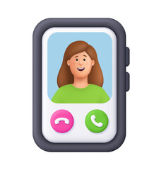 Smartphone screen showing video call with smiling woman Kate. Video call interface, video chat, online communication and mobile technology concept. 3d vector people character. Cartoon minimal style.