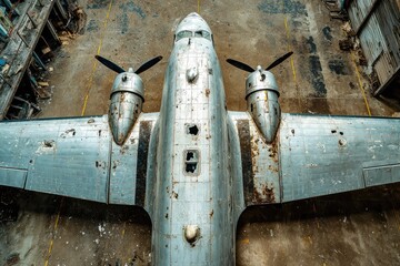 Fototapeta premium High-angle view of an aged, weathered airplane fuselage, showing rust and damage. The plane sits in a large, dusty hangar