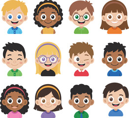 Cartoon children faces illustration, diverse kids characters, multicultural boys and girls, happy smiling avatars, cute vector portraits, educational design, playful expressions