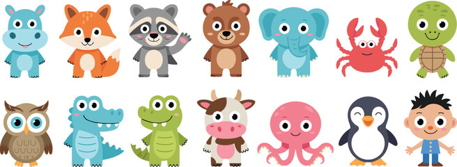 Cartoon animals, cute boy character, friendly wildlife, educational illustration, children learning, colorful vector design, playful icons, stock art collection