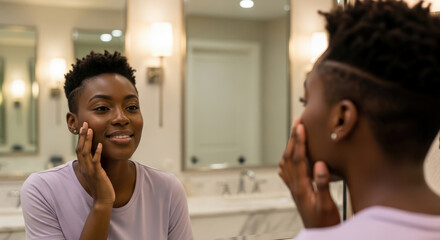 Young African American woman does her daily skincare routine in a bathroom looking at reflection