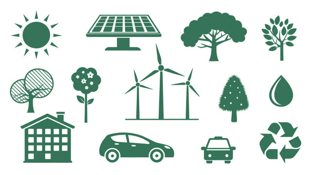 Dynamic eco-friendly silhouette icons for sustainable living, clean energy, and green initiatives in a modern design