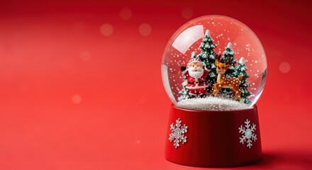 Christmas snow globe with santa and reindeer on red background