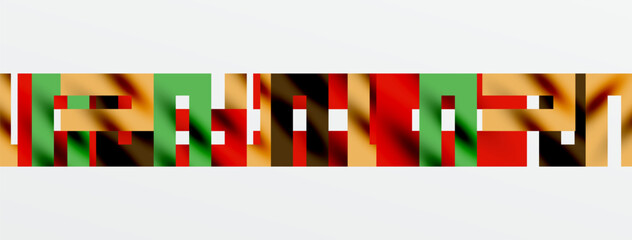 Abstract colorful blocks form text resembling learn. White background dominates image composition. Simple design, geometric shapes present.