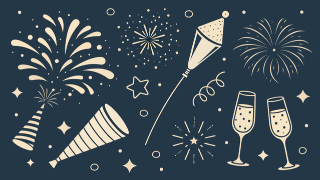 Celebrate with festive fireworks, party horns, and champagne toast silhouette for joyous occasions